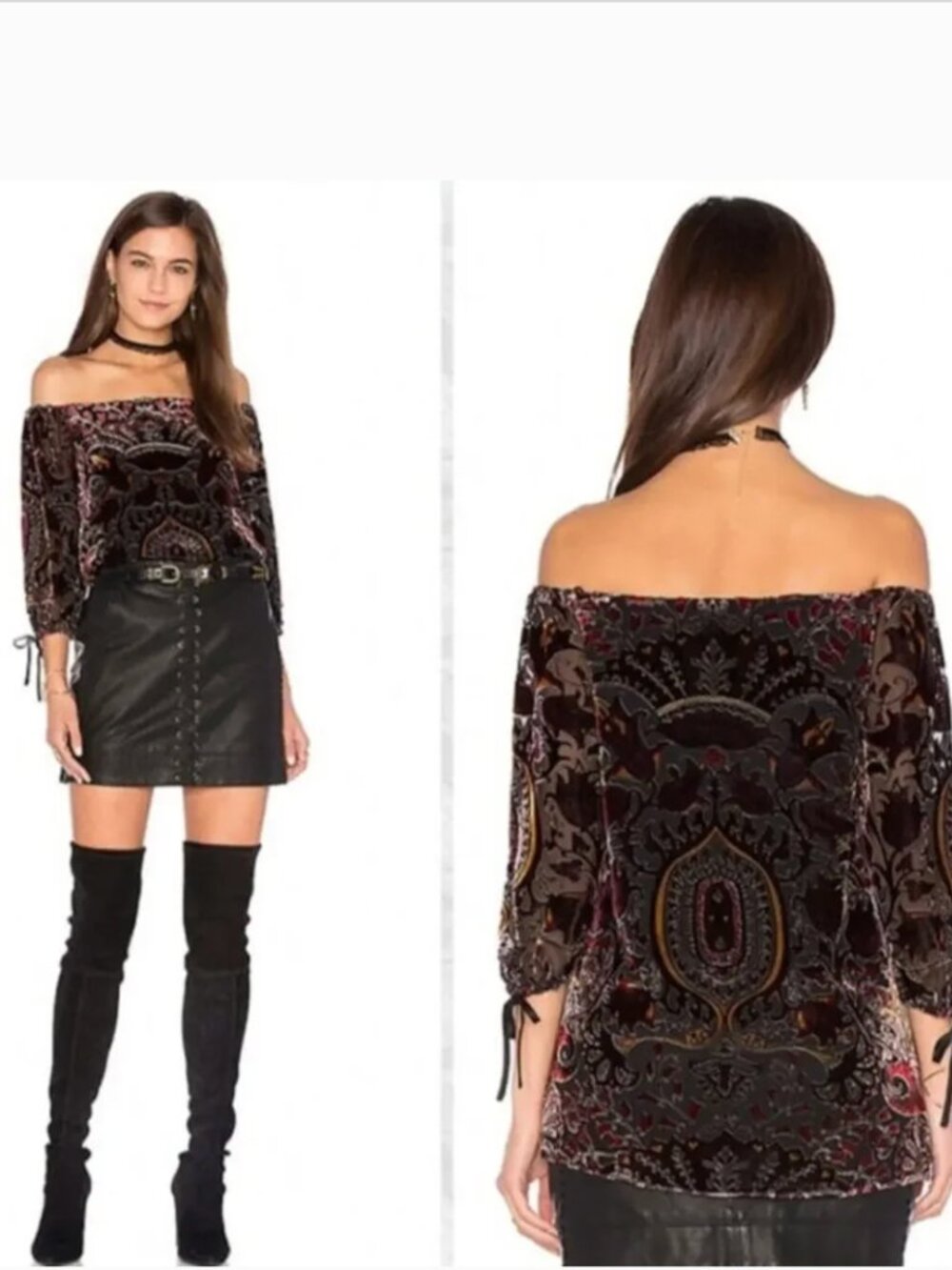 ALICE + OLIVIA ALECIA SILK VELVET OFF THE SHOULDER BLOUSE